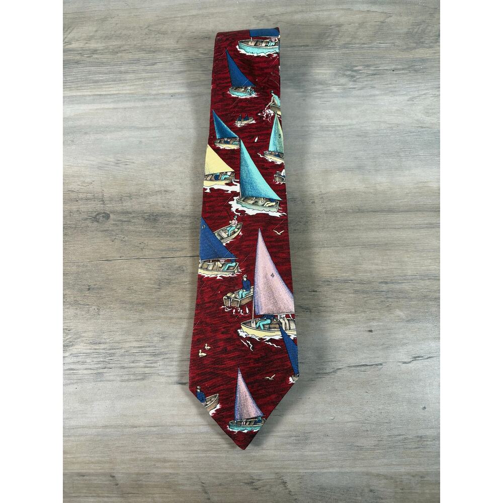 Polo Ralph Lauren Silk Tie Mens Red Nautical Sailboat Boat‎ Print Made in USA